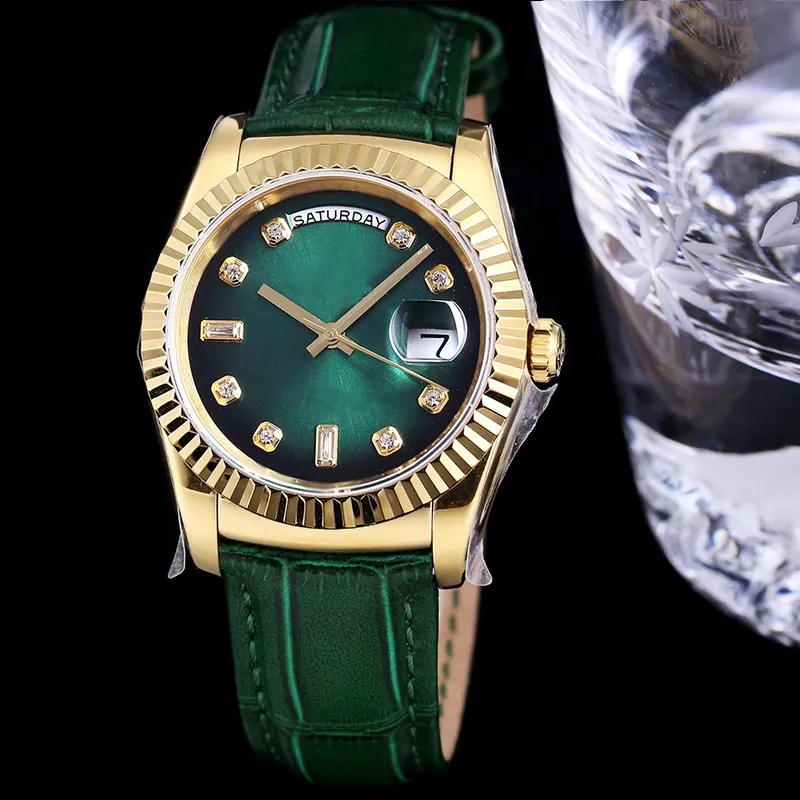 Green Face Designer Mens Watch 36 mm de luxe Luxury Le cuir Strap Mens Elite Business Watch Mouvement mécanique automatique Jason 007