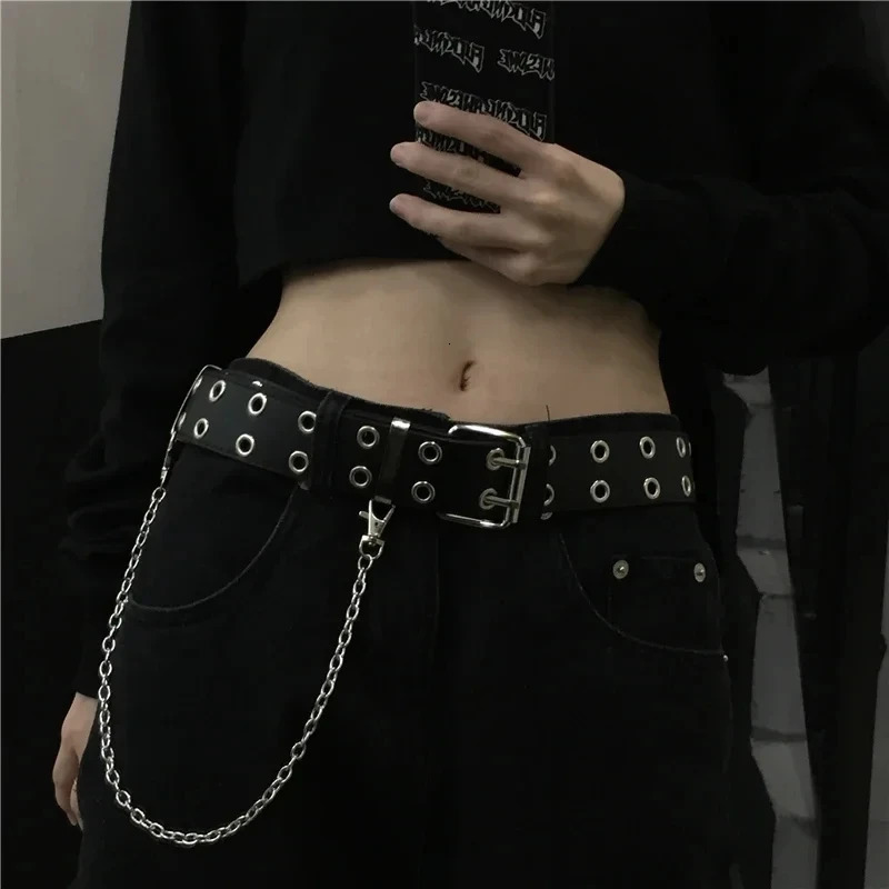 Womens Belt Trend Double Ring Belt Double Hole Eyelet Grommet Leather Buckle Punk Pin Belt Leisure Dress Jeans Gothic Waistband 250905