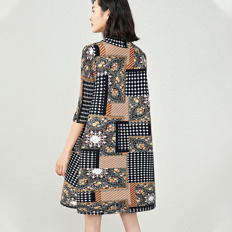 (472) Robe plissée imprimée rétro, printemps et été pour femmes à trois quarts à manches à demi-haut à collier