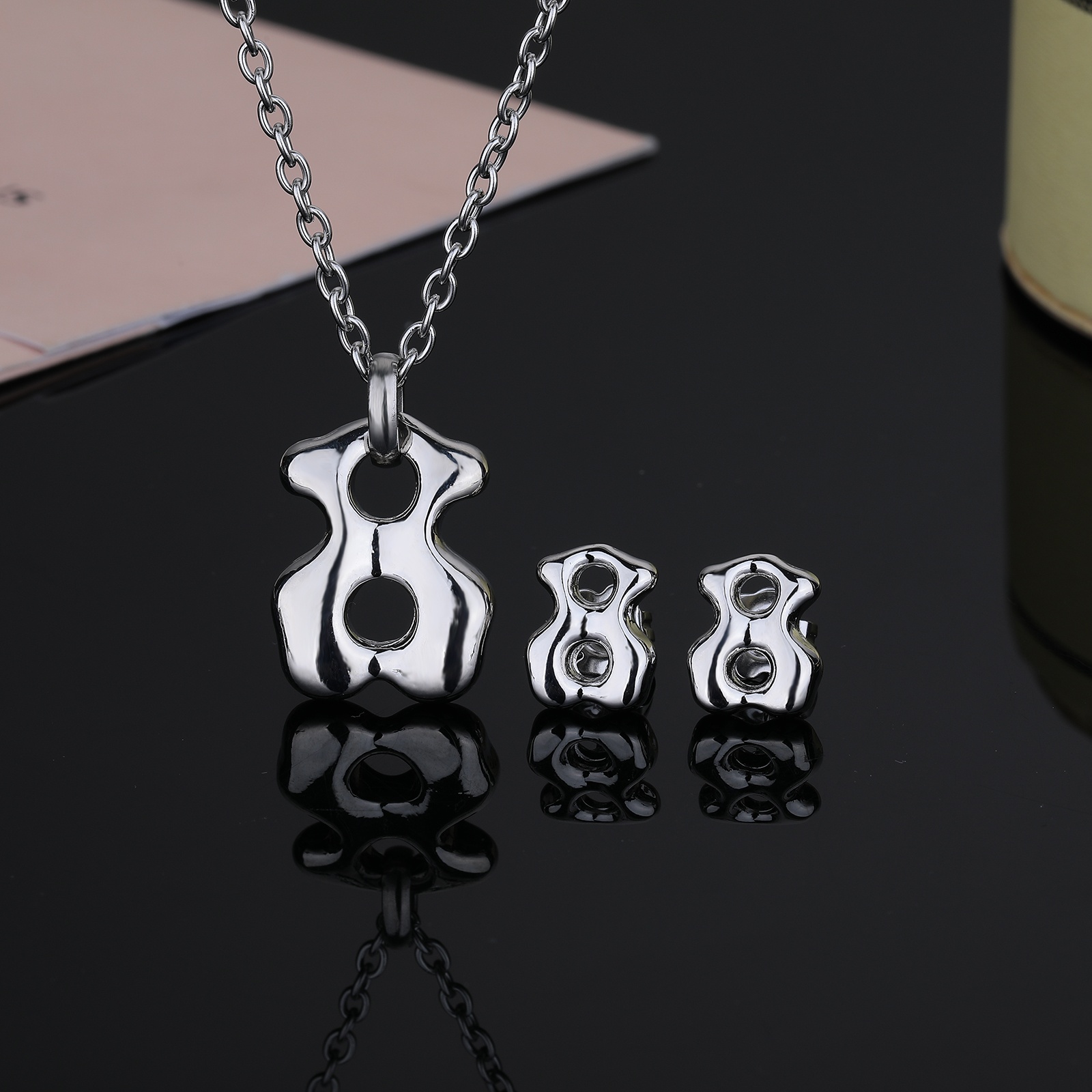 New Arrival Fashion Women Men Silver Rose Gold Stainless Steel Bear White Zircon Cartoon Animal Span Pendant Necklace Earrings Sets Jewelry-image-1074048311