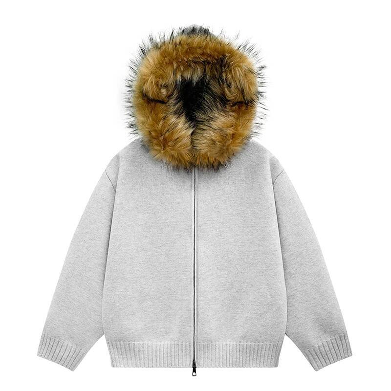 Autumn Simple Knitted Cardigan Hooded For Men Women Winter Street Detachable Fur Collar Thick Warm Casual Zipper Jacket High-Quality
