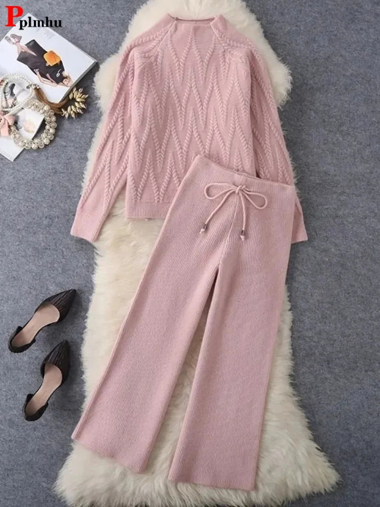 Fall Winter Knitted 2 Piece Sets Half Turtleneck Soft Sweater Outfit Casual Wide Leg Pant Suits Korean Solid Warm Tracksuit 250815