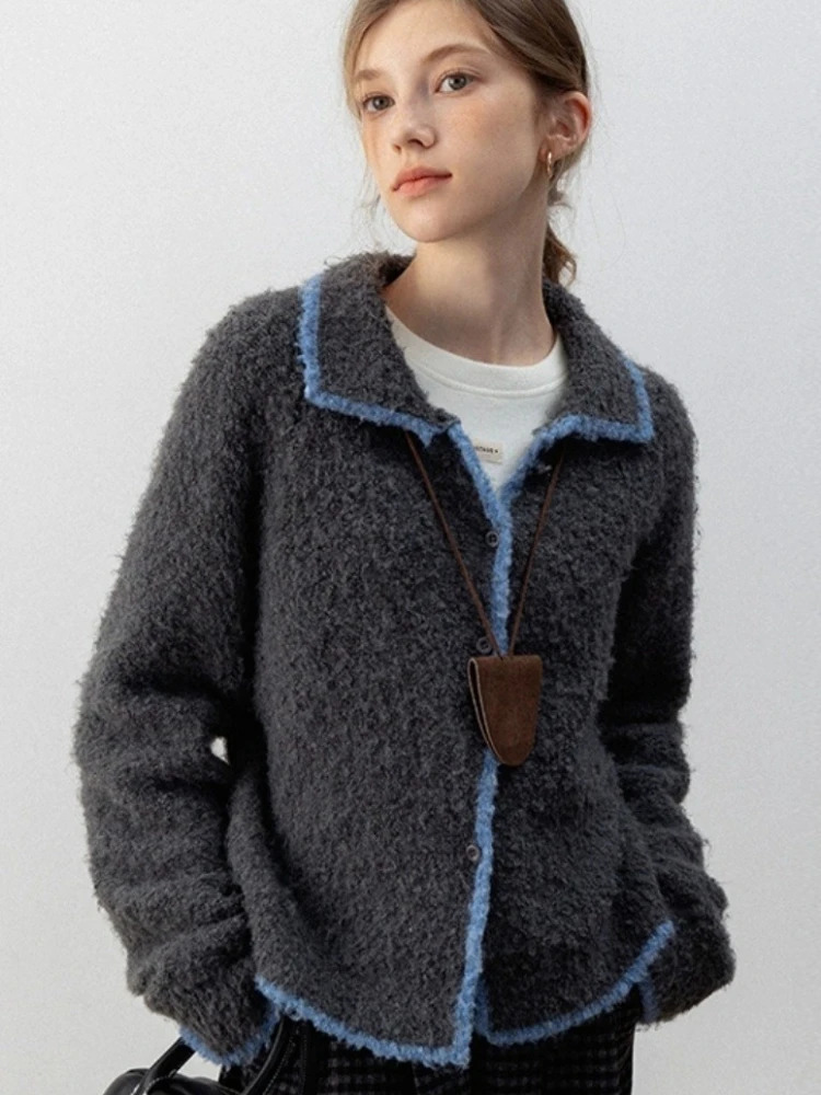 HELIAR Women Korean Grey Knitted Cardigan Autumn Winter Lapel Solid Sweater Vintage Long Sleeve Single Breasted Womens clothes 250906BJ