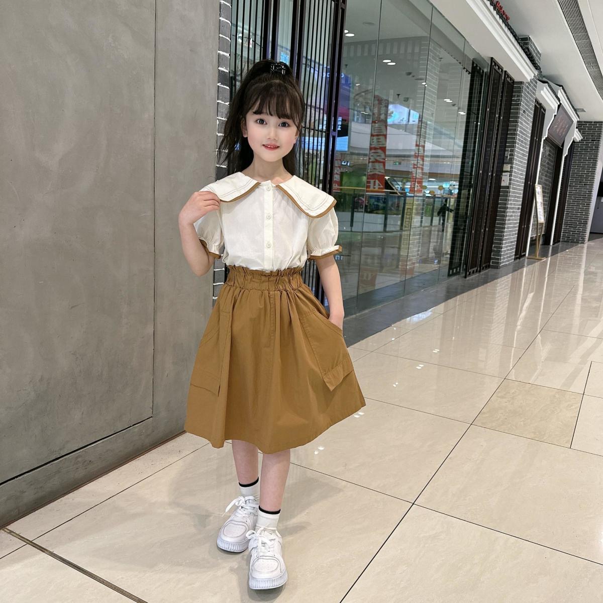 D306 Girls summer striped suspender skirt suit 2025 new style children&#039;s Korean version short-sleeved T-shirt thin two-piece suit t-image-1074082035