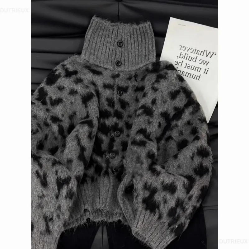 Vintage Leopard Print Lazy Cardigan Coat Women Autumn Winter Knitted Tops Women Y2k Long Sleeve Stand Collar Sweaters 250906BJ