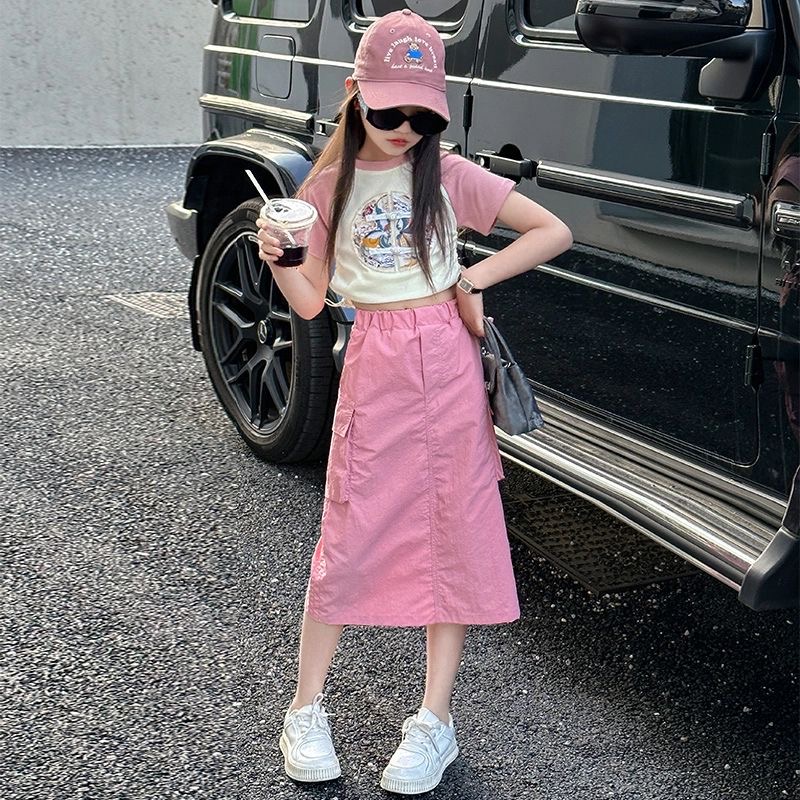 D307 Girls 2025 summer new suit skirt pink stylish casual summer style girl big child work dress summer two-piece suit-image-1074082142