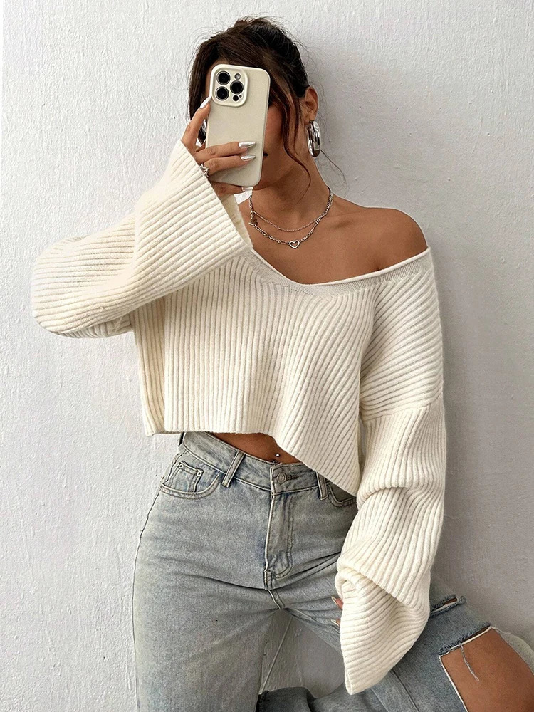 Fashion Vneck solid color knitted sweater loose top womens striped outfit with threedimensional texture sweater 250906BJ