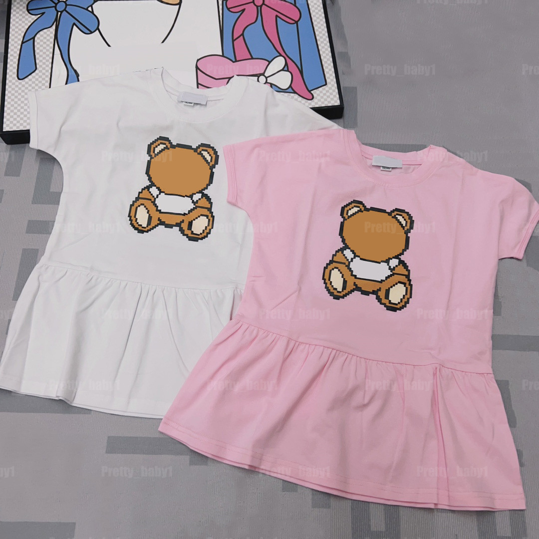 Cute Baby Girls Dresses Summer 100% Cotton Short Sleeve Casual Child Pleated Skirt Printed Cartoon Bear Kids Princess Dress Holiday Gifts