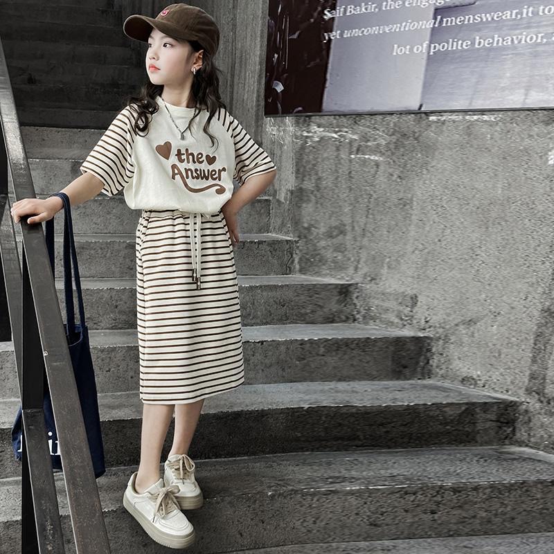 D477 Girls summer short-sleeved suit 2024 new stylish striped girl skirt children&#039;s two-piece suit big children&#039;s clothes-image-1080651079