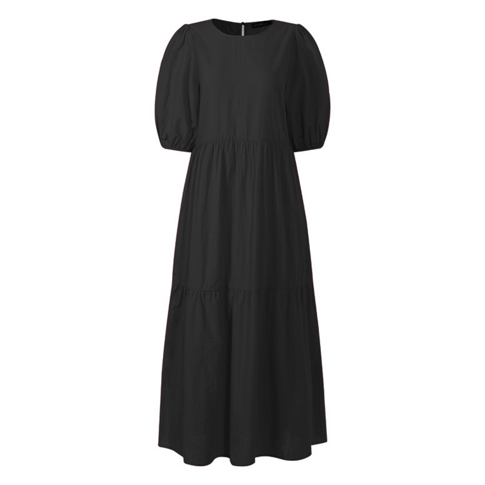 (729) New Fashionable Loose Solid Color Puff Sleeve Swing Long Dress