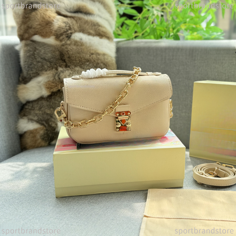 Top Quality Pochette Bag Cowhide Genuine Leather Designer Bag Woman Shoulder Bag Metal Chain Crossbody Bag Luxury Handbag Printing Metis East West M