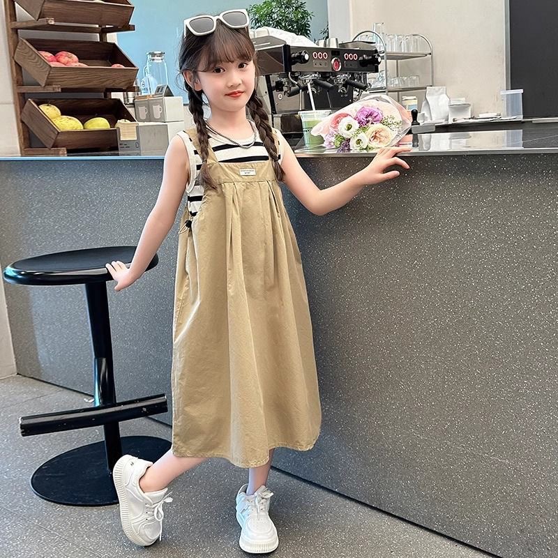 D312 Summer suit 2025 children&#039;s fashionable striped vest T-shirt suspender skirt two pieces for women-image-1074154340