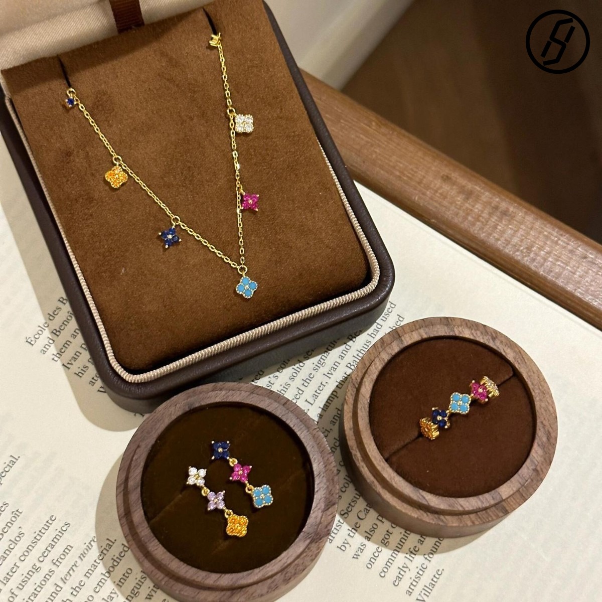 S925 Sterling Silver Monet Garden Lucky Four Leaf Clover Rainbow Bracelet Necklace Set Literary Retro Senior Designer Jewelry Original Jewelry Facto