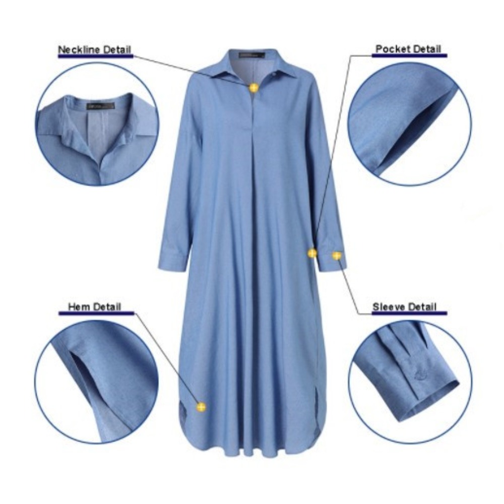 (730) New Fashion Casual Full Sleeve Solid Color Retro Collar Buttoned Long Shirt Dress