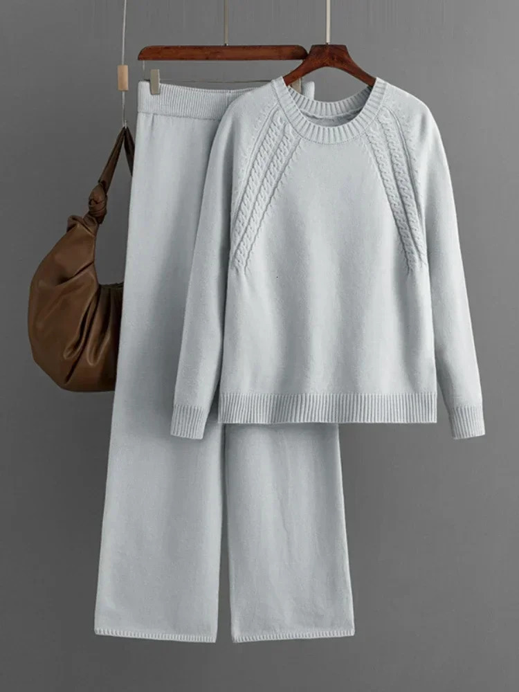 European American Autumn Winter Casual Solid Knitted Set Women Loose Sweater Wide Leg Pants Two Piece Sets Womens Outifits 250815