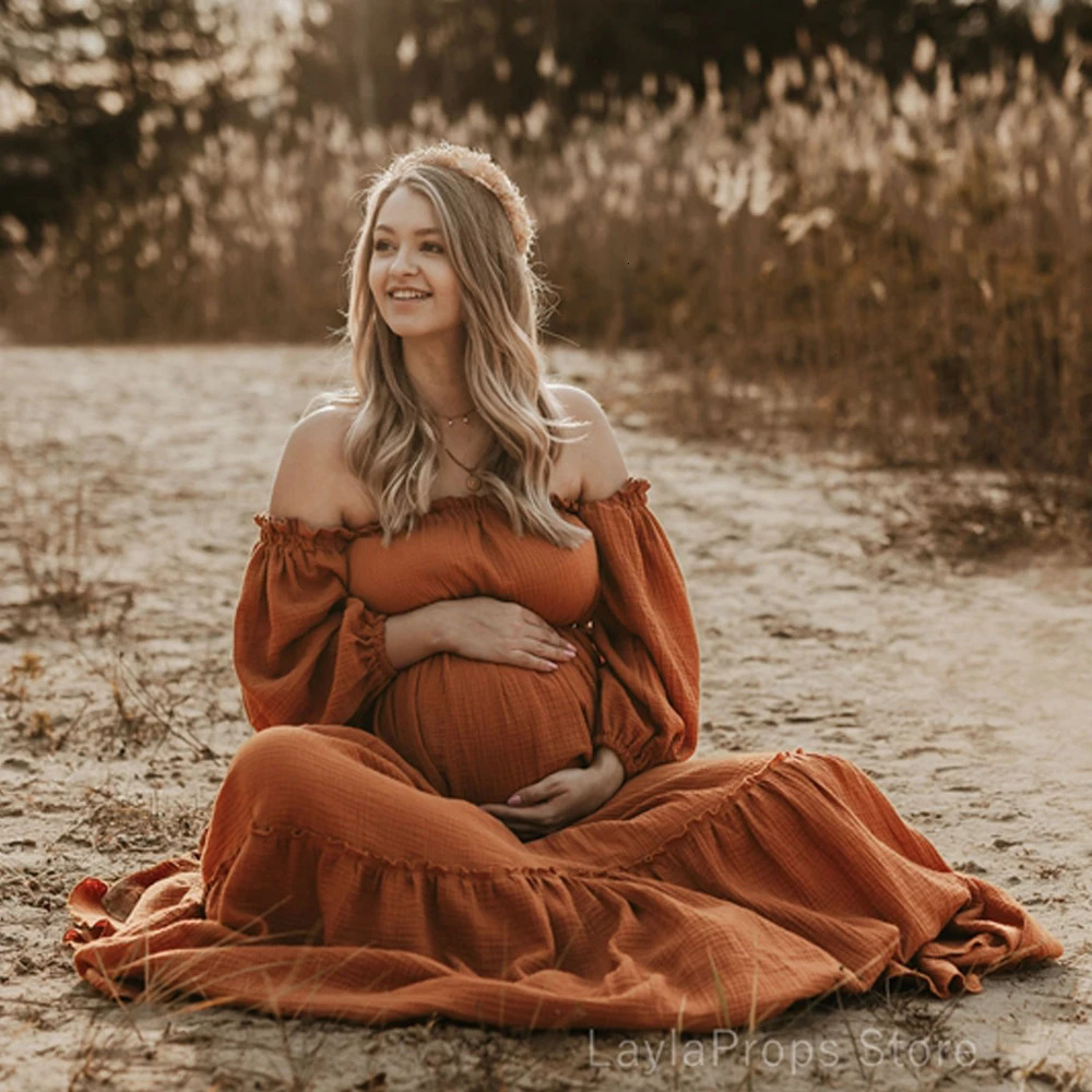 Bohemian Po Shooting Pregnancy Dress Linen Cotton Retro Loose Fitting Maternity Dress Boho Style Dress Po Shoot Pregnant M260328-image-1095554282