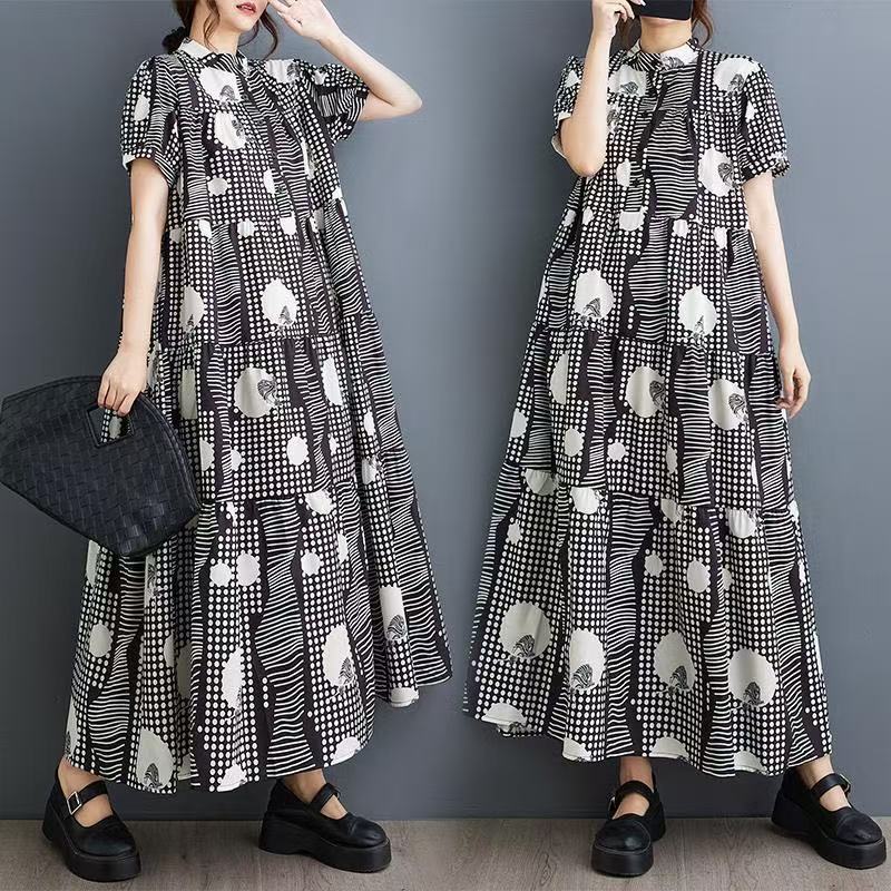 plus size women's new long sleeve high waist printed banquet dress mid-length skirt D02580