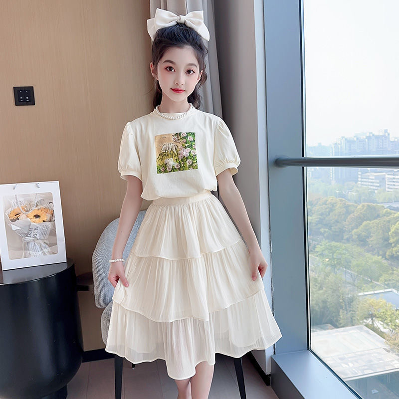 D320 Girls dress 2024 summer new style stylish middle and large children&#039;s girl princess dress student skirt short sleeve two-piece set-image-1074270361