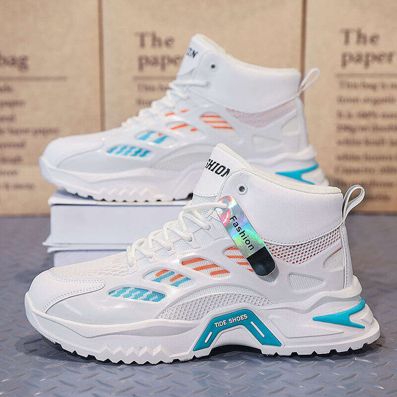 2026 Men's White Thick Sole PU Leather Rubber Mesh High Top Casual Shoes