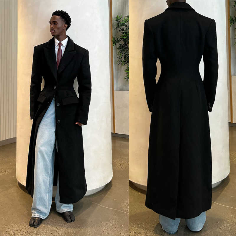 Classic Men Long Wool Blend OverCoat 1 Piece Peaked Lapel Single Breasted Formal Business Wedding Tuxedos Customized
