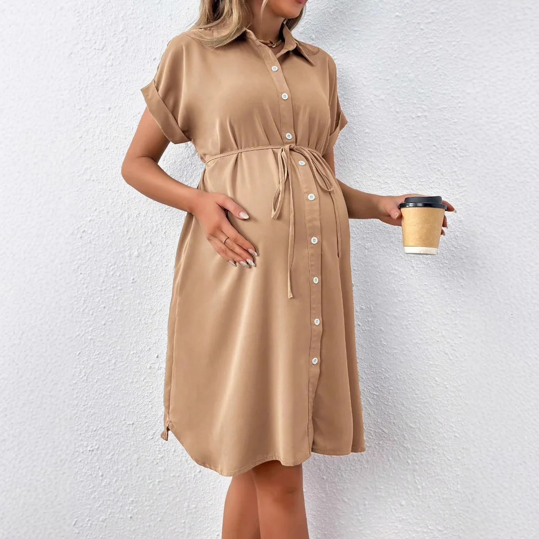 Maternity Dresses Poshoot Women Clothes Summer Striped Short Sleeve Pregnant Buttondown Casual Dress Fashion Shirt Clothing M260328-image-1095554452