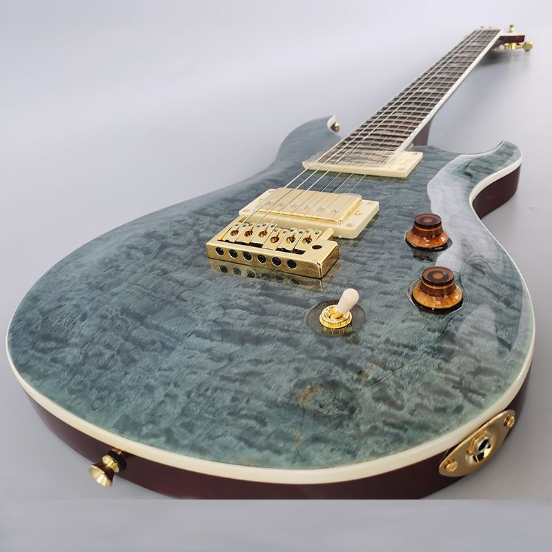 Custom Reed Smith Quilted Maple Top Dark Blue Electric Guitar Mahogany Body Rosewood Fingerboard, Solid White Pearl Bids Inlay, Tremolo Bridge Gold