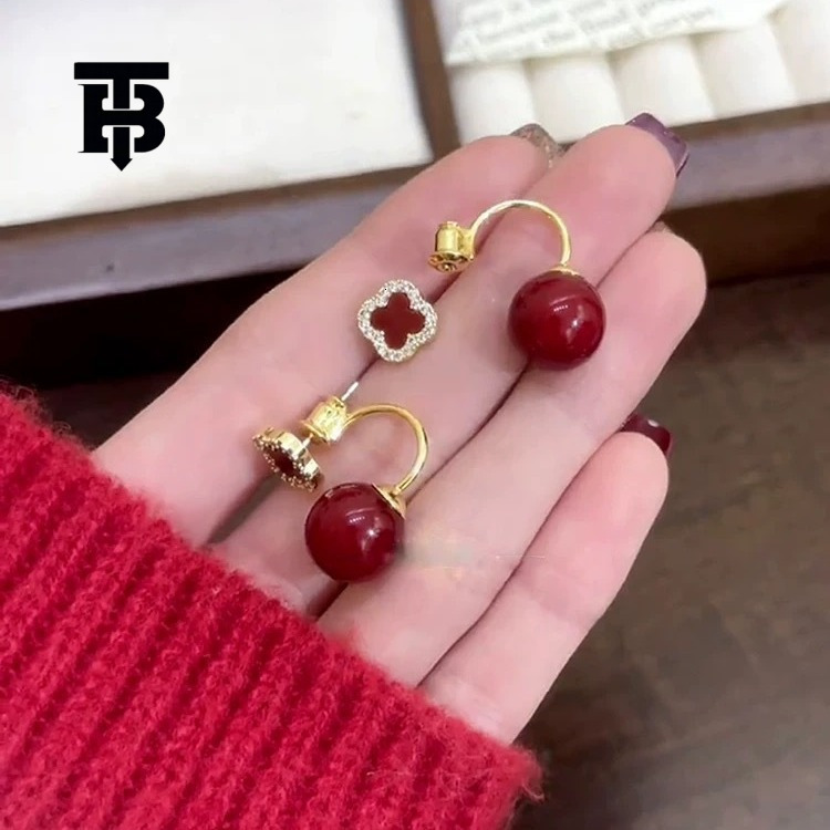 TB BHULAMTE Red Festive Pearl Pendant Earrings Designer Festive Atmosphere Accessories Niche Luxury Women's Hot Selling Jewelry Four Leaf Ear C