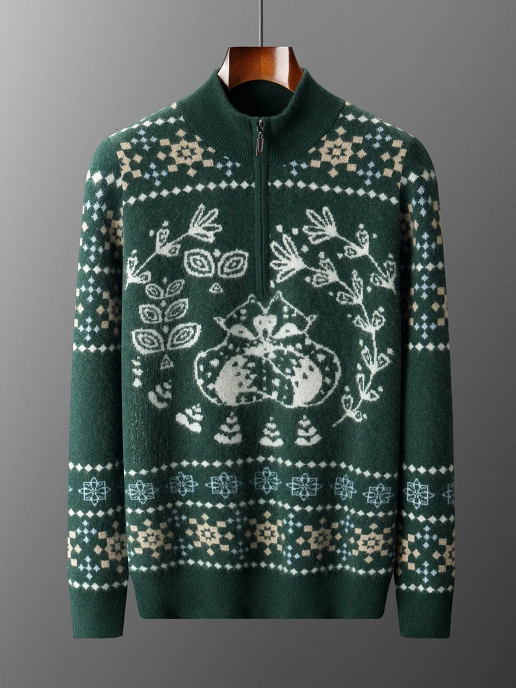 Vintage Autumn Winter Clothes Mens Sweater Pullover 100 Cashmere Sweater Half Open Collar Zip Thick Warm Jacquard Smart Casual 250908BJ