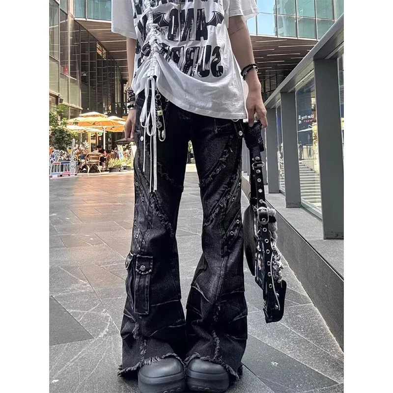 Womens Y2k Baggy Flare Jeans Harajuku Japanese 2000s Style Patchwork Denim Trouser Vintage Oversize Cargo Jeans Pants Clothes 250908