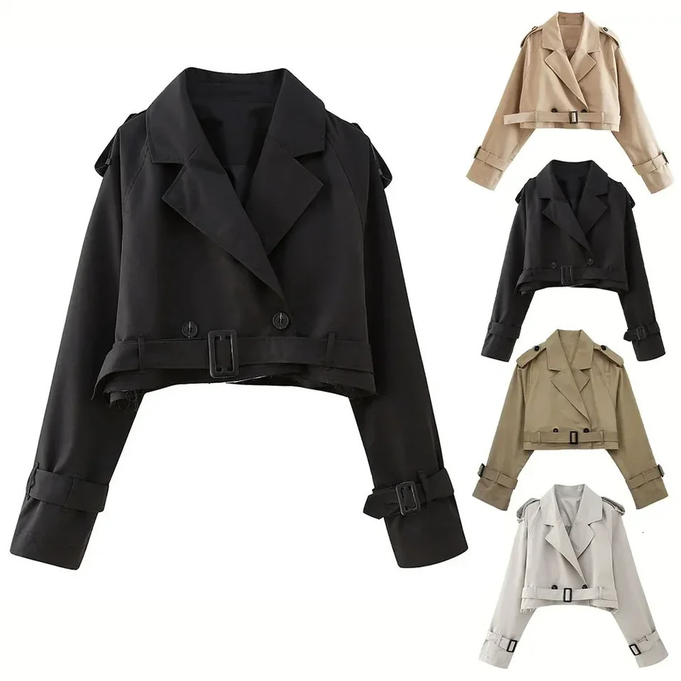 Women Cropped Blazers Jkets Autumn Elegant Solid Color Long Slve Double Breasted Tren t With Belt L26923