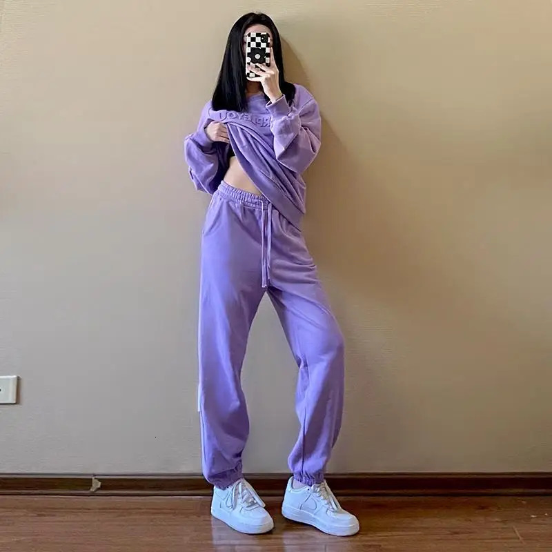 Womens Purple Sports Suit Spring And Autumn Casual Fashion Style Loose Long Sleeve Sweater Tops Pants 2 Two Piece Set 250815