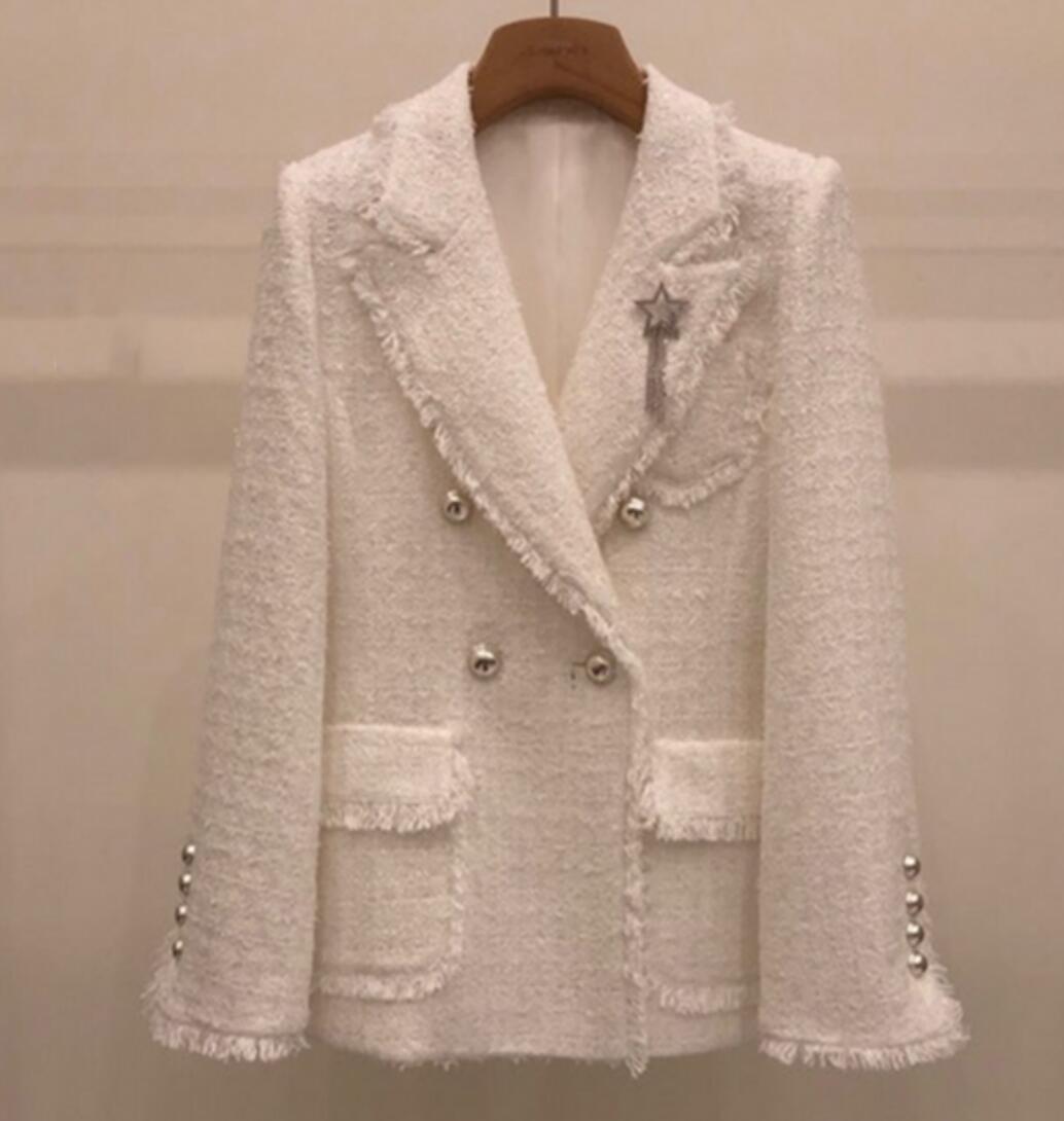 Cappotto da donna con colletto rovesciato bianco lungo in tweed di lana, colore medio, cappotto da abito desinger, taglia SML