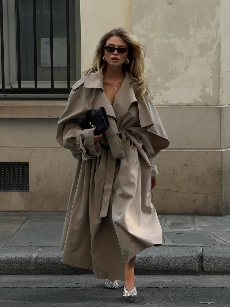 Women Casual Lace Up Long Trench Coat Chic Solid Color Full Sleeve Lapel Windbreaker Fashion Loose Commute Jackets 250909BJ
