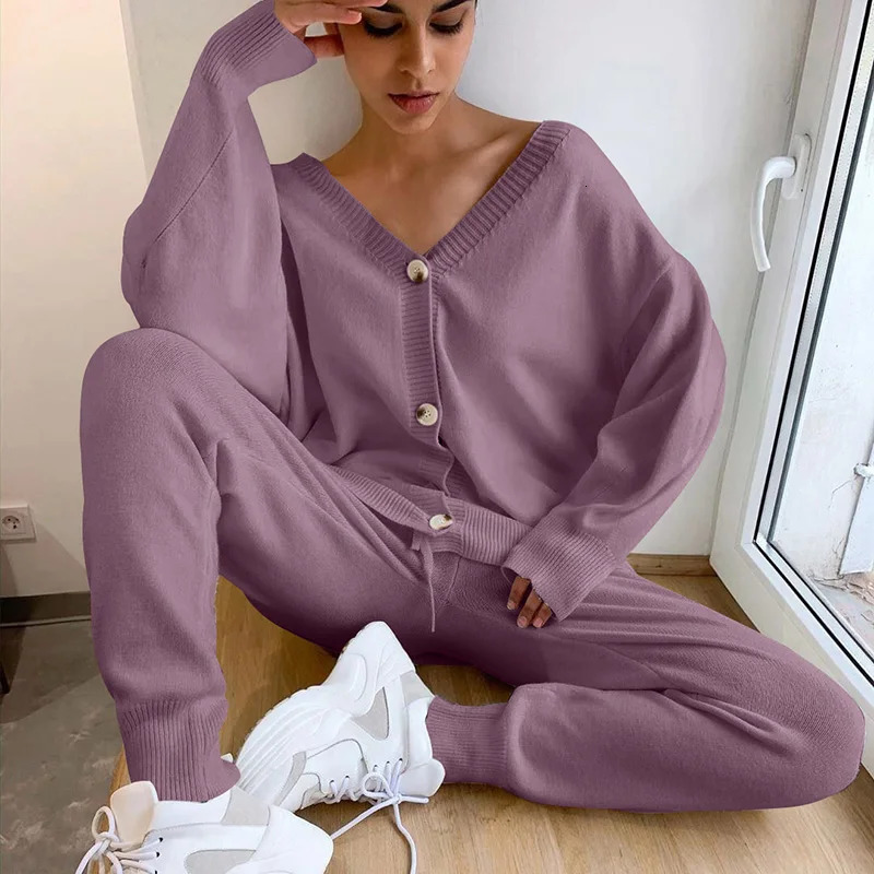 2 Pieces Sweater Suit Set Autumn Winter Women Sweater Suits Single Buttons Cardigans Elastic Waist Long Pants 250815