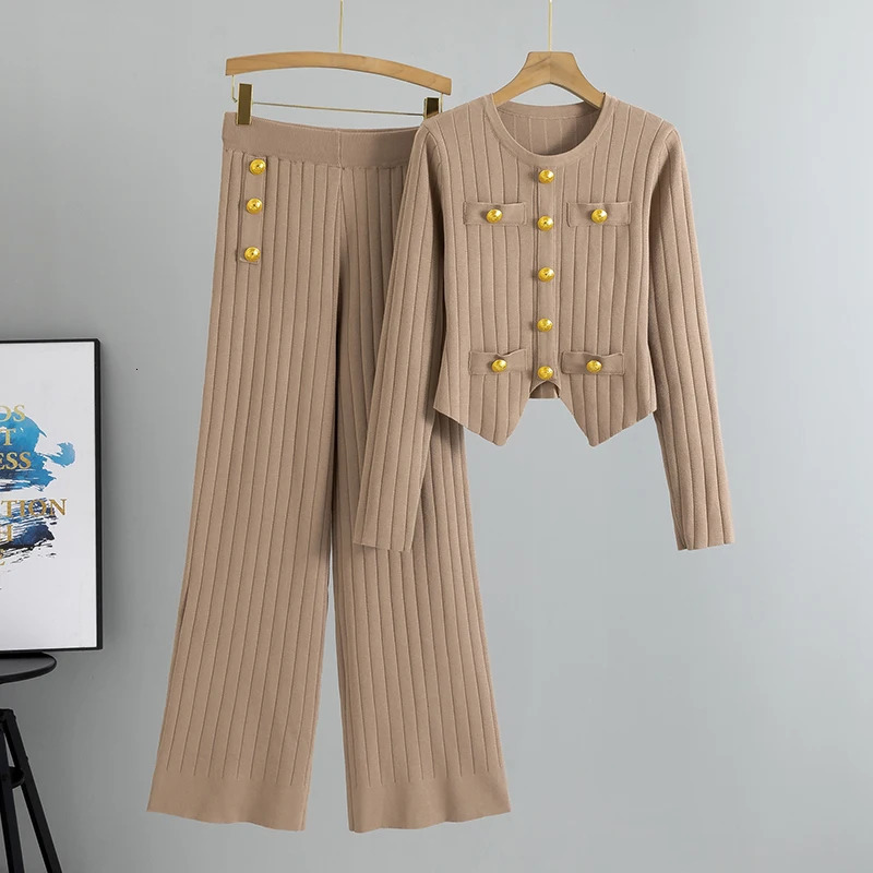 Elegant Fashion OL Autumn Suits Women Long Sleeves Chic Buttons PulloversElastic Long Pants Vintage Sweater Two Pieces Sets 250815