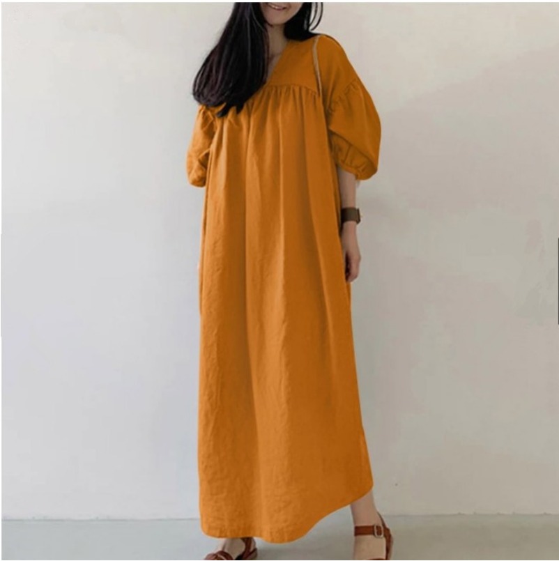 (745) Customized Solid Color Loose V-neck Puff Sleeve Casual and Elegant Dress