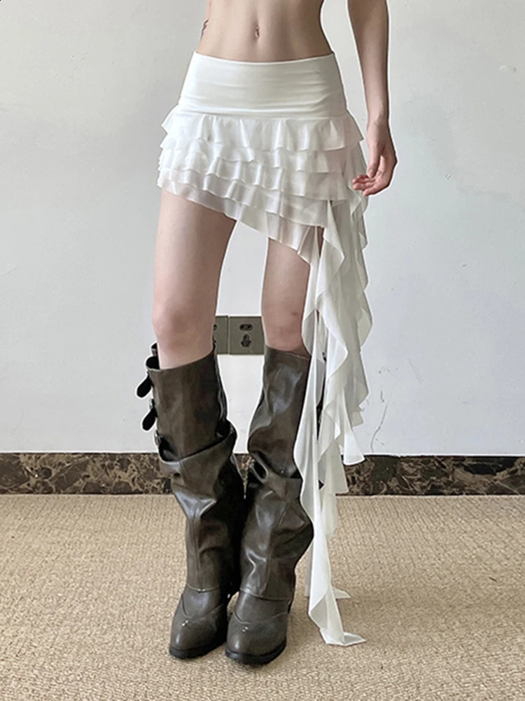 Zoki Ruffles Sexy Mesh Y2K Skirts Women Slim Streetwear Vintage High Waist Mini Skirt Harajuku Retro Irregular Skirt 250910