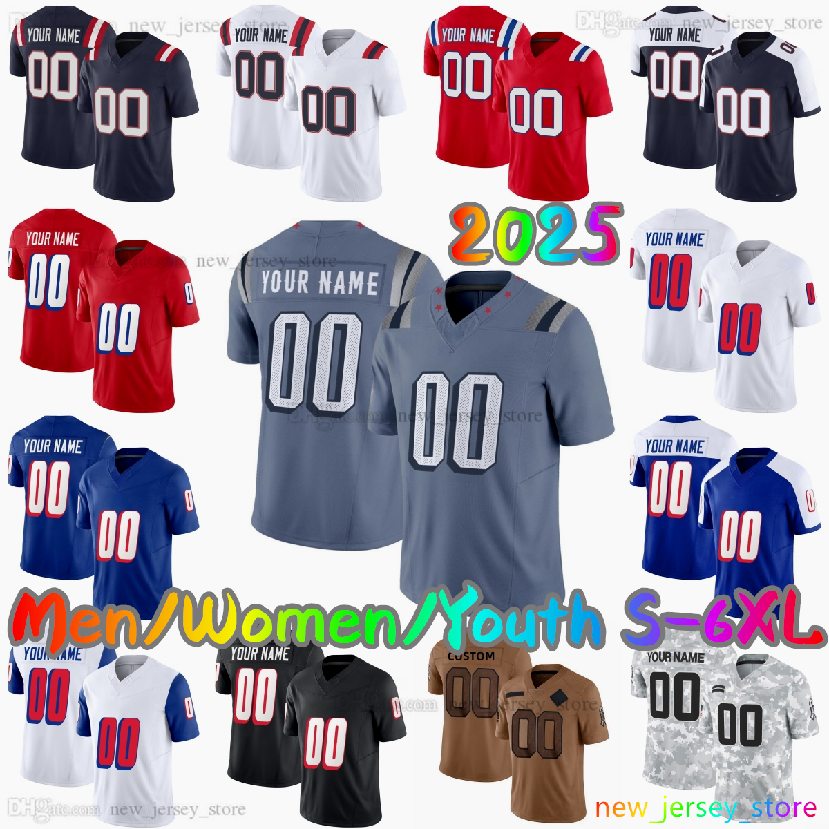 2025 Custom S-6XL DIY 10 Drake Maye Football Jersey 0 Christian Gonzalez 32 TreVeyon Henderson 8 Stefon Diggs 38 Rhamondre Stevenson 12 Tom Brady-image-970037294