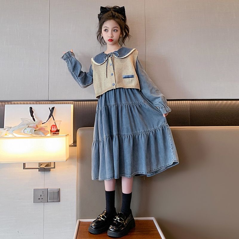 D324 Girls dress 2024 new spring and autumn children&#039;s vest stylish denim skirt children&#039;s long-sleeved two-piece suit-image-1074491857