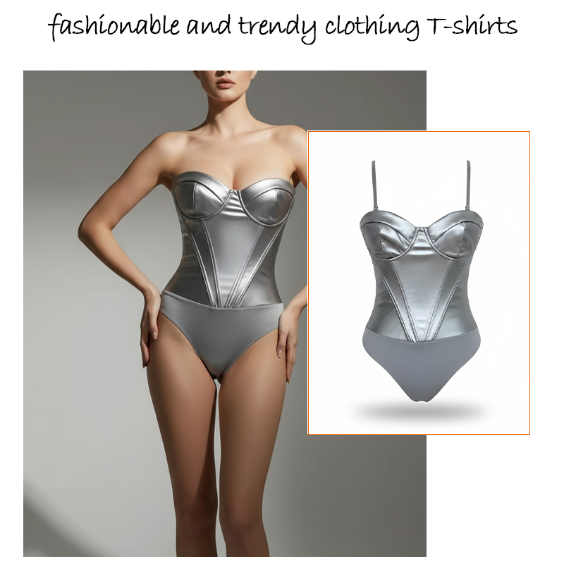 Women&#039;s Silver Satin Corset Bodysuit, Strappy Sexy Party Clubwear One - Piece Outfit-image-1074498307