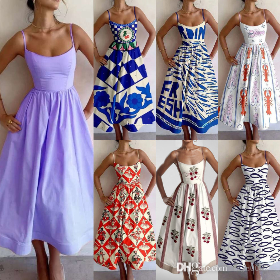 Plus Size 3xl Womens Sling Long Dresses 2026 Summer New Solid Color Sexy U-Neck Waist Fold Suspended Strap Large Swing Dress