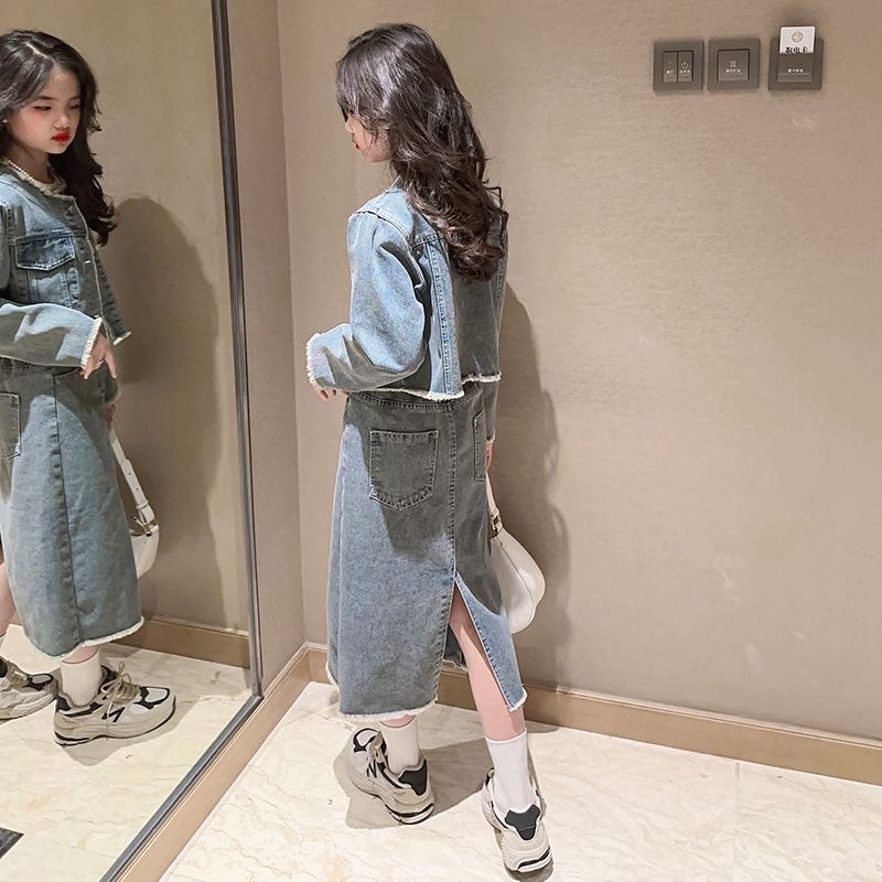 D333 Girls spring suit 2025 new style middle and large children&#039;s fashionable spring and autumn girls denim skirt two-piece suit trendy clot-image-1074487728