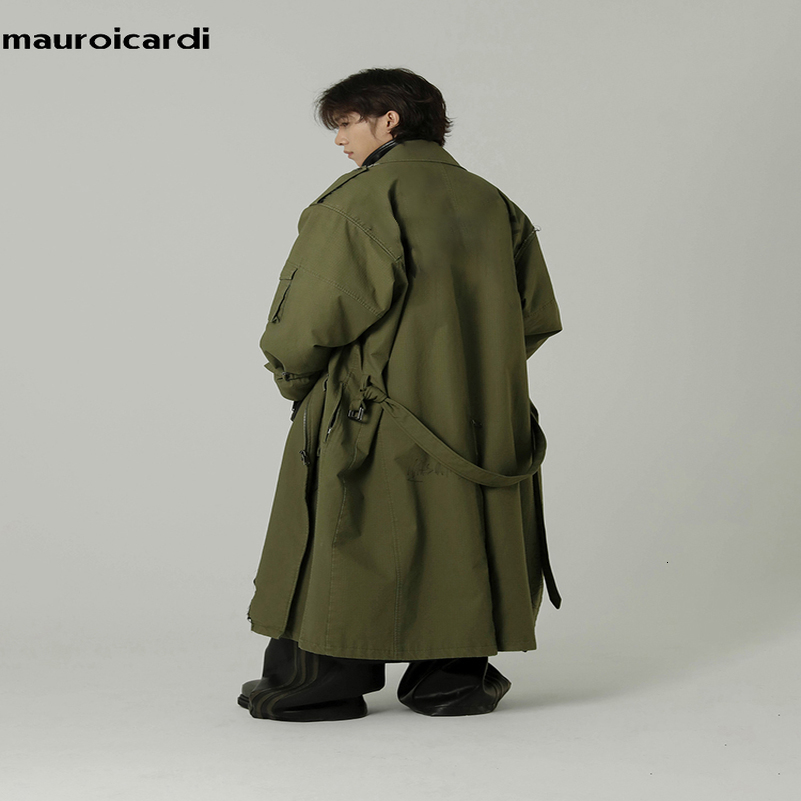 Mauroicardi Spring Autumn Cool Long Army Green Oversized Overcoat Men Sashes Loose Clothing Cargo Coat 250911BJ