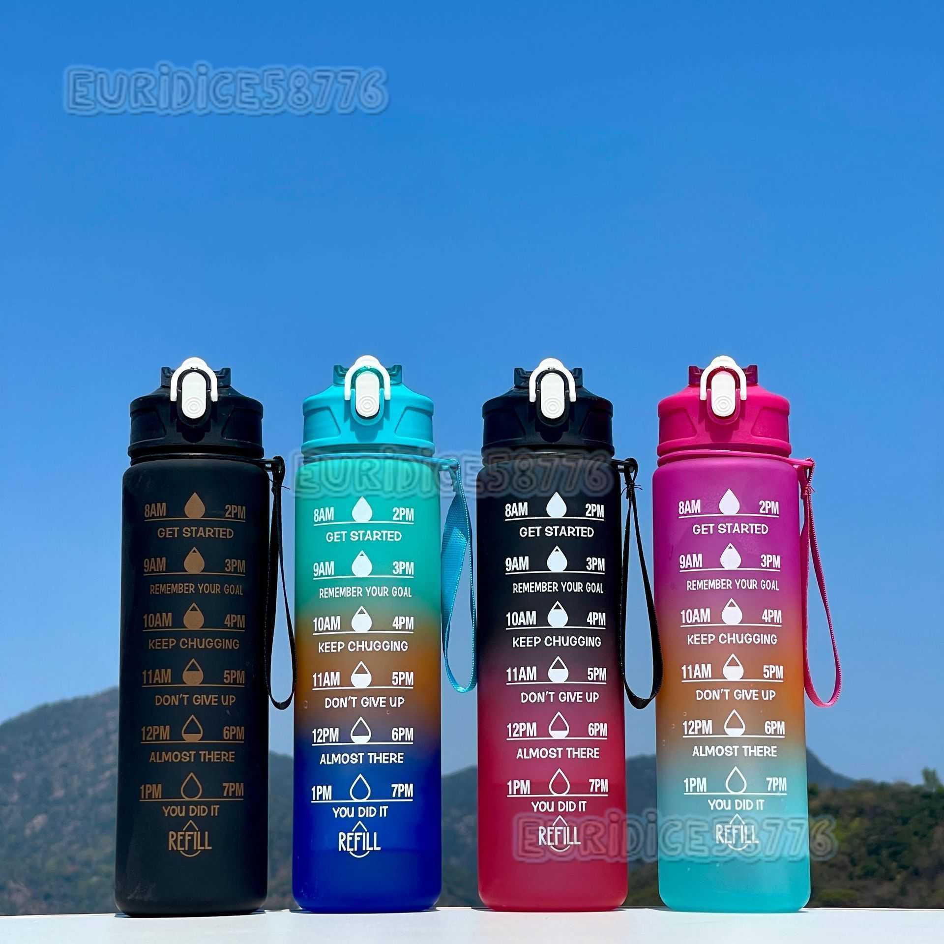 Gradient Color Outdoor Sports Fitness Plastic Cup Simple Strap with Straw Water Bottle Space Cup H250911-image-1074908740