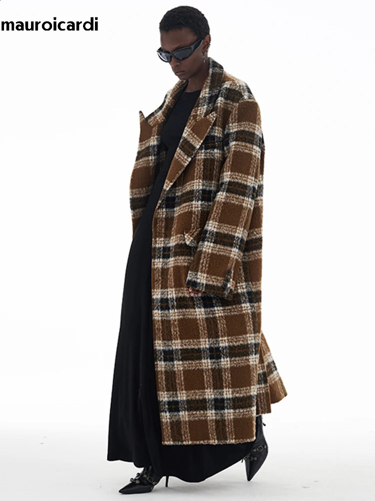 Mauroicardi Autumn Winter Oversized Long Thick Warm Colorful Plaid Wool Blends Coat Men Loose Runway European Fashion 250923