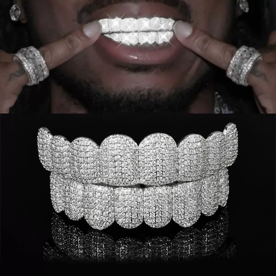 Custom Made Dental Iced Out Sterling Silver Real Gold Jewelry Zigzag Setting VVS Moissanite Diamonds Teeth Grillz