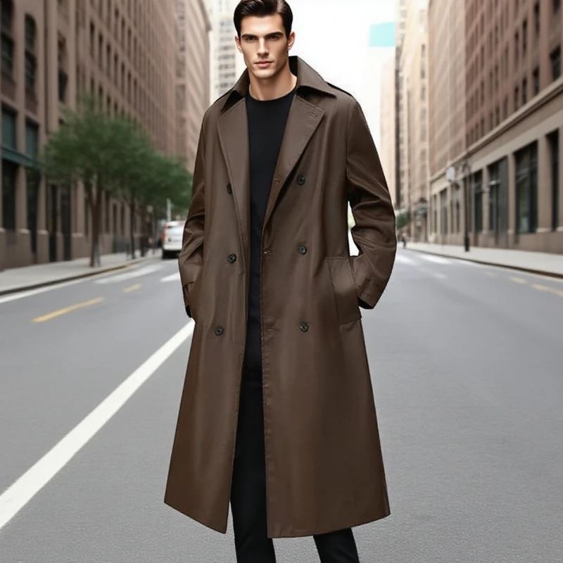 Mens Turn Down Collar Mid Length Leather Coat Loose Casual Fashionable Comfortable Simple Elegant and Handsome Trench Coat 250911BJ