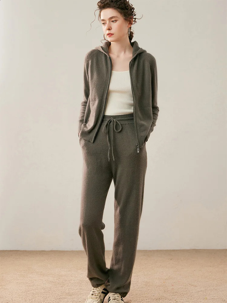 Suite maglione femminile autunno inverno 100% in cashmere con cappuccio con cappuccio pantaloni dritti pantaloni per lata
