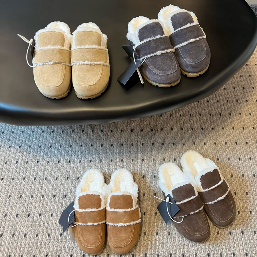 brown new Suede Winter warm furry Fur slides Fluffy Slippers Flat Shearling sandals Mules Wool Shoes Luxury Designer slides for womens Scuffs 35-