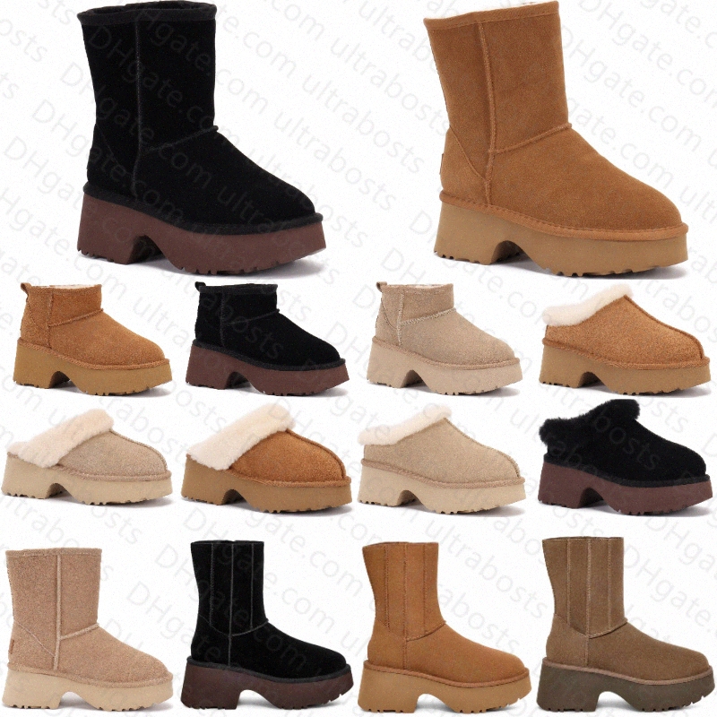 New Heights Designer Snow Boots Classic Ultra Mini Slides Australian Cozy Clog Chestnut Winter Warm Fur Booties Short Twin Black Sand Seam Boot Wome